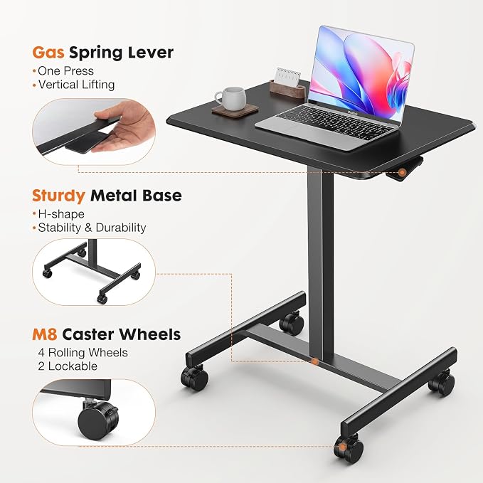 Sweetcrispy Mobile Rolling Desk with Lockable Wheels, Small Standing Laptop Desks, Sit Stand Adjustable Height Table Portable, Computer Workstations for Home Office, Black