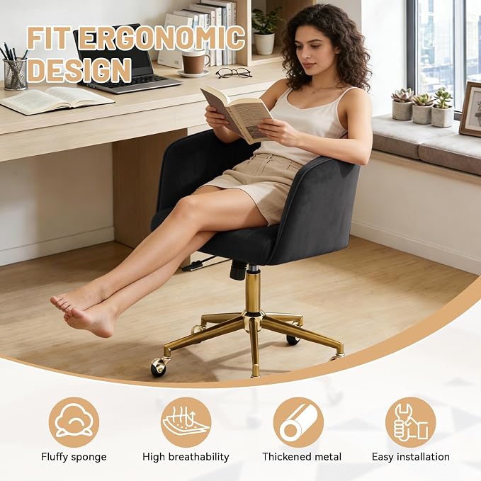 Vanity Chair with Back 360 Swivel Armchair and Gold Base, Criss Cross Chair with Wheels for Vanity Home Office, Living Room, Bedroom and Study (Black)