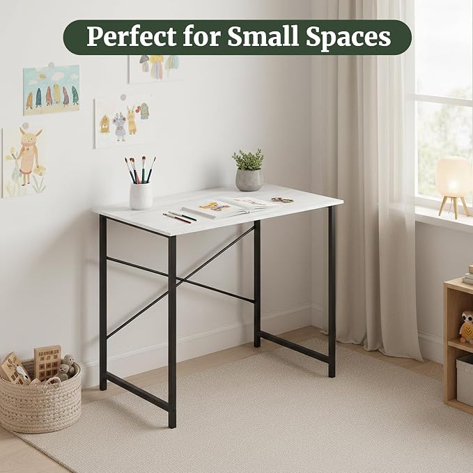 Computer Desk 32 Inch, Simple Home Office Desk Study Writing Table, Sturdy Metal Frame, Scratch-Resistant MDF Desktop for Bedroom Dorm Workspace Small Space, White