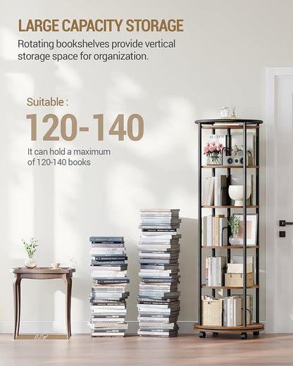 Hzuaneri Rotating Bookshelf, 360° Spinning Bookshelf Tower, Display Revolving Bookcase, Round Book Shelf, Narrow Swivel Bookshelves for Small Space, Bedroom, Living Room, 6-Tier Rustic Brown, BC52101B