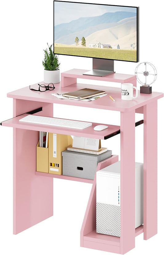 ALISENED 30" Small Computer Desk with Keyboard Tray Monitor Stand, Study Writing Desk with Storage Shelves, Modern Workstation for Small Spaces, Save Space, Pink
