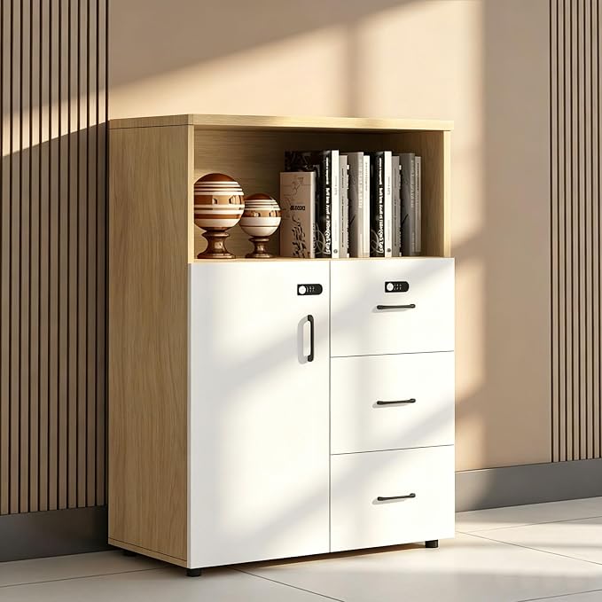 File Cabinet with Password Lock, Wood Lateral Filing Cabinet for Letter/A4 Files, 3 Drawer with Door, Printer Stand with Open Shelves for Home Office