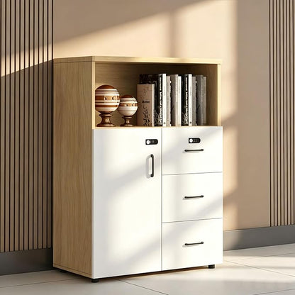 File Cabinet with Password Lock, Wood Lateral Filing Cabinet for Letter/A4 Files, 3 Drawer with Door, Printer Stand with Open Shelves for Home Office