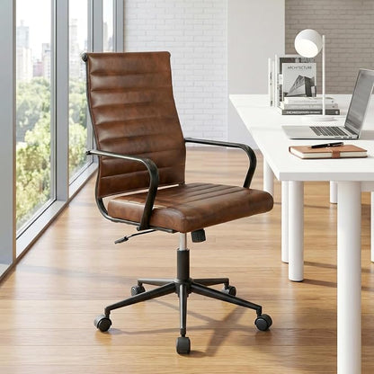Okeysen Leather Office Desk Chair, Mid-Century Modern Leather Conference Room Chairs, Ergonomic Executive Ribbed Height Adjustable Swivel Rolling Chair for Home Office.