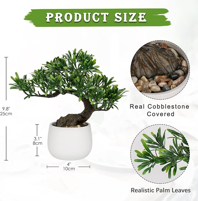 Fake Bonsai Tree Zen Juniper Bonsai Plant 10” Tall Artificial Bonsai Trees with White Ceramic Pot Decorated with Pebbles Desk Plant Indoor Bonsai for Home Office Decor