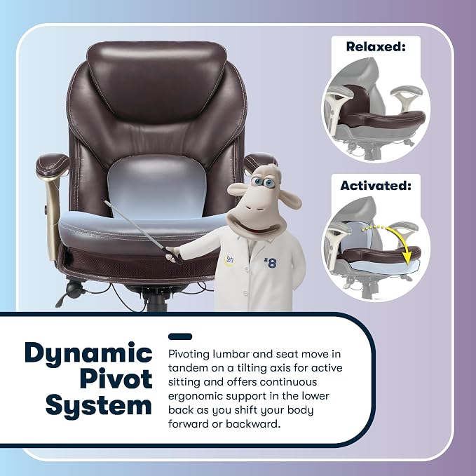Serta Claremont Executive Office Chair with Back-In-Motion Technology, Ergonomic Mid-Back with Pivot Lumbar Support & Seat, Plush Cushion, Body Pillows, Adjustable Arms, Bonded Leather, Chestnut Brown