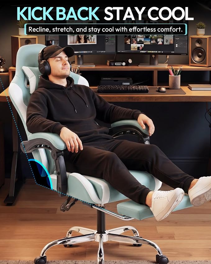 Dowinx Ergonomic Gaming Chair with Footrest & Massage Lumbar, 2D-Linkage Armrests for Computer Chair 330lbs with Headrest Pillow for Office, Home, Streaming and Long Gaming Sessions, Fabric Blue White