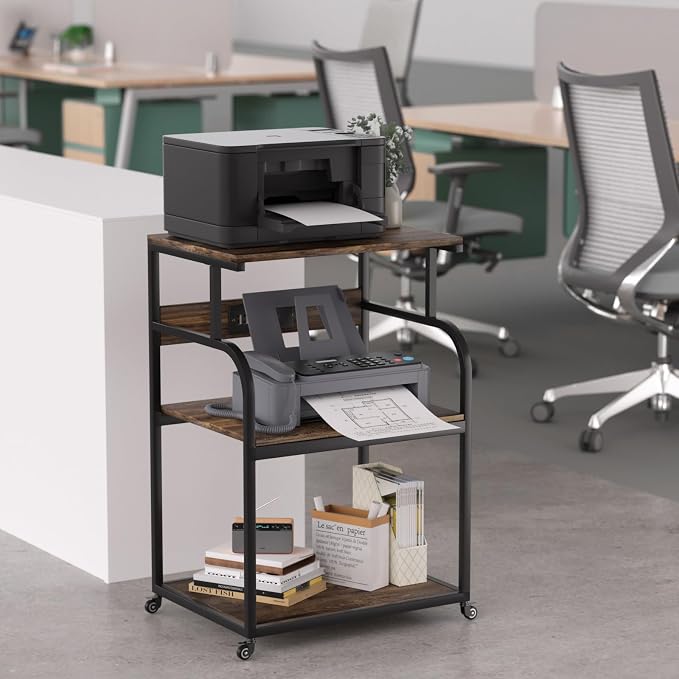 Large Printer Stand with 3-Tier Wood Storage Shelves with Power Outlet - Multi-Purpose Desk Organizer for Printer Scanner Fax Home Office Use with Wheels (Rustic Brown)
