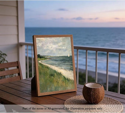 CXQILVER Framed Vintage Coastal Wall Art, Rustic Beach Seascape Sailboats Canvas Wall Decor Ocean Landscape Painting Picture for Coastal Cottage Living Room Bedroom Bathroom Decor 8x10 Inch