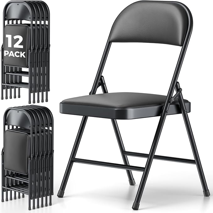 12 Pack Folding Chairs, PU Leather Folding Dining Chairs with Padded Cushion Seat & Back, Indoor Outdoor Folding Chair Set for Home Office, Parties, Events, Wedding, Extra Guest Seating