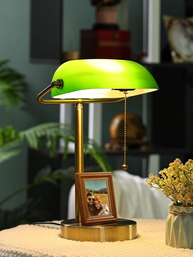 Traditional Green Glass Bankers Desk Lamp,LED Bulb Included | Pull Chain Switch Plug in Fixture