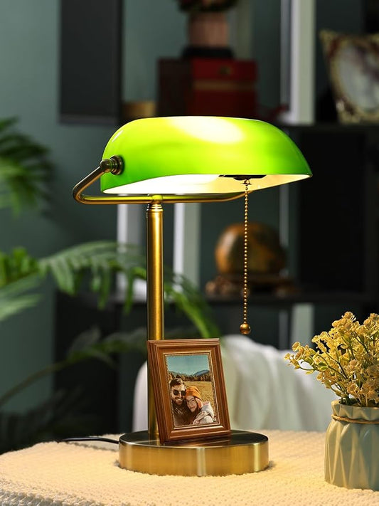 Traditional Green Glass Bankers Desk Lamp,LED Bulb Included | Pull Chain Switch Plug in Fixture