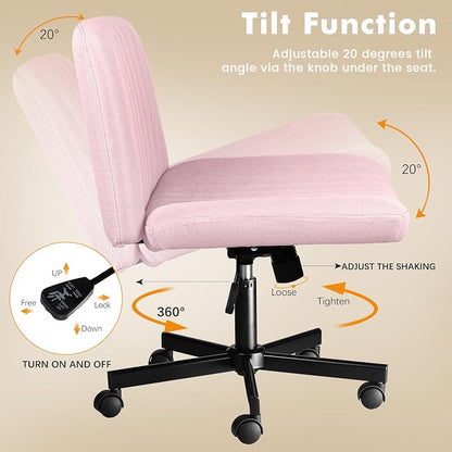 LEMBERI Criss Corss Chair with Wheels,Fabric Padded Armless Wide Office Desk Chairs,120° Rocking Swivel Mid Back Computer Task Vanity Chair for Home Office, Small Space