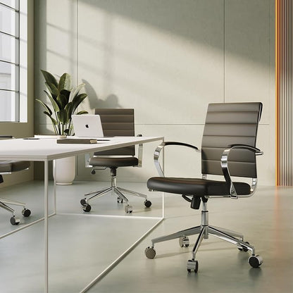 Mid-Century Modern Black Leather Office Chair with armrests, Adjustable Swivel Desk Chair for Home Office, Ergonomic Executive Chair