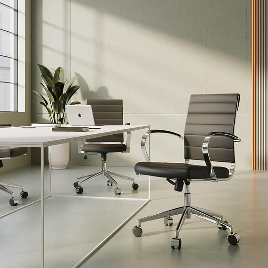 Mid-Century Modern Black Leather Office Chair with armrests, Adjustable Swivel Desk Chair for Home Office, Ergonomic Executive Chair