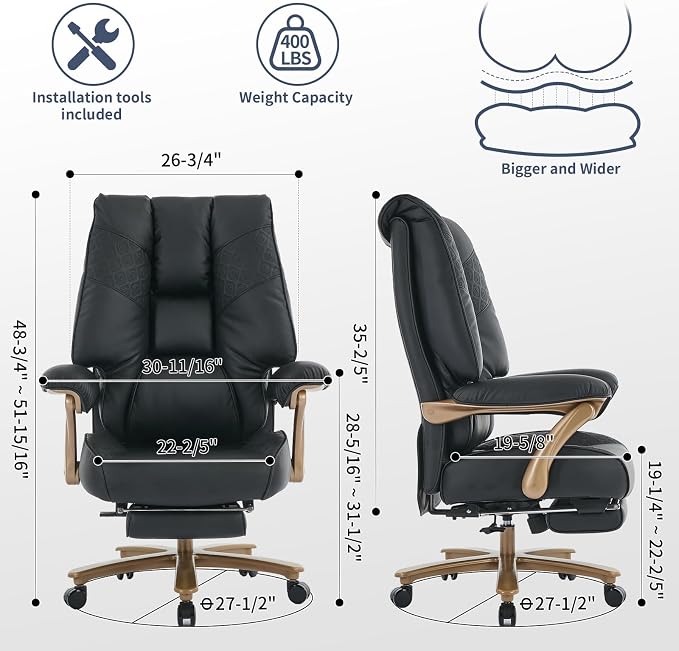 EXCEBET Big and Tall Executive Office Chair with Footrest, 400LBS Capacity Ergonomic High-Back Desk Office Chair with Lumbar Support, Padded Armrests & Thick Cushion, Black PU Leather Chairs