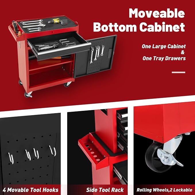RYH 5 Drawers Rolling Tool Chest & Tool Box on Wheels | Heavy Duty Metal Cart with Ball Bearing Drawers | Fits US General Tool Box for Garage Storage (Red, 5 Drawers（42.1" H × 20.7" W × 11" D)