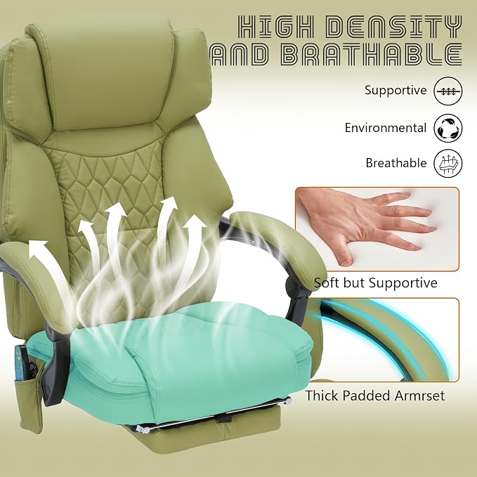 Massage Office Chair with Foot Rest 6 Points Vibration and Heat Home Office Desk Chairs for Heavy People 400lbs Reclining Managerial Chairs Ergonomic Executive Chair (Green)