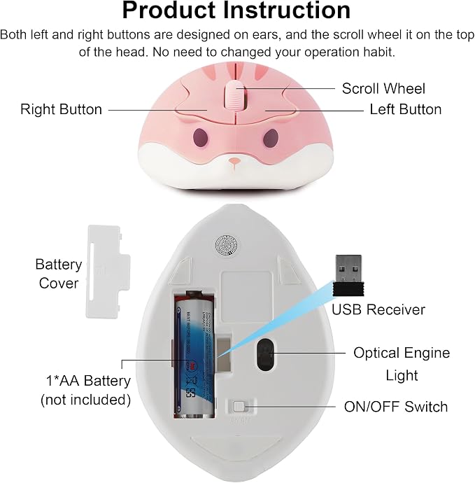 CHUYI Cute Animal Hamster Shape Wireless Silent Mouse Cartoon Mini Portable Travel Mute 1200DPI Novelty Optical Unique Small Cordless Quiet Mice for Computer Laptop PC for Kids Gift (1 Pack-Pink)