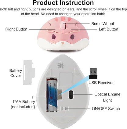 CHUYI Cute Animal Hamster Shape Wireless Silent Mouse Cartoon Mini Portable Travel Mute 1200DPI Novelty Optical Unique Small Cordless Quiet Mice for Computer Laptop PC for Kids Gift (1 Pack-Pink)