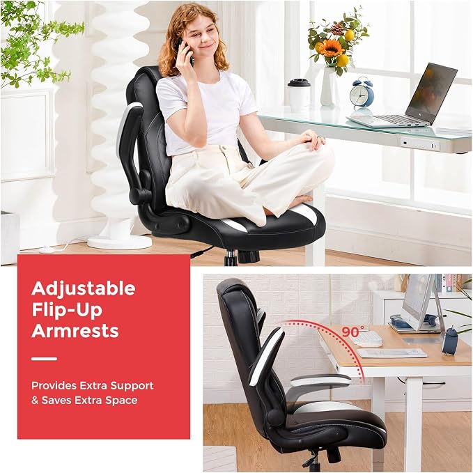 GTPLAYER Office Computer Gaming Chair Ergonomic Desk Chair for Adults with Lumbar Support Flip-Up Arms Adjustable Height Swivel Wheels PU Leather Executive Design for Short People Use, White