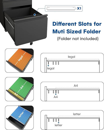 Dripex 3 Drawer Black File Cabinet, Mobile Under Desk Storage File Cabinet with Lock on Wheels, Letter/Legal Size,Fully Assembled, Small Short Vertical Metal Rolling Filing Cabinets for Home Office