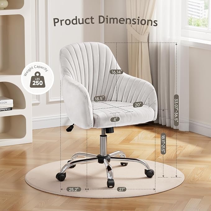Warmiehomy Office Chair, Velvet Desk Chair for Home Office, Girls' Vanity Chair with Arm Rest for Bedroom Dressing Room, Pure White