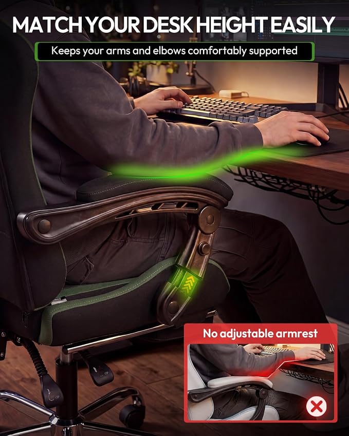 Dowinx Ergonomic Gaming Chair with Footrest & Massage Lumbar, 2D-Linkage Armrests for Computer Chair 330lbs with Headrest Pillow for Office, Home, Streaming and Long Gaming Sessions, Fabric Dark Green