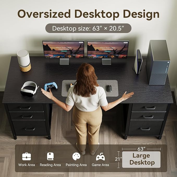 ODK 63 inch Computer Desk with File Drawers Cabinet, Modern Office Desk with Large Storage for Home Office, Study, Gaming, Black