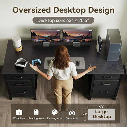 ODK 63 inch Computer Desk with File Drawers Cabinet, Modern Office Desk with Large Storage for Home Office, Study, Gaming, Black