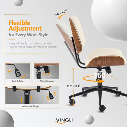 VINGLI Wide Curved Seat&Back Armless Home Office Chair,Ergoromic Adjustable-Height Desk Chair,Swivel&Tilting Function,Stylish Walnut Task Chair for Meeing Room,Dining Room,PU,Khaki