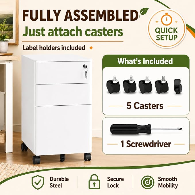 SAWJEC 3 Drawer File Cabinet with Lock, 11.8" W Fully Assembled Rolling Printer Stand Under Desk, White Filing Cabinet for Legal/Letter/A4 Size, Home Office, 17.7" D x 11.8" W x 24.0" H