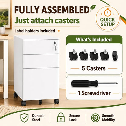 SAWJEC 3 Drawer File Cabinet with Lock, 11.8" W Fully Assembled Rolling Printer Stand Under Desk, White Filing Cabinet for Legal/Letter/A4 Size, Home Office, 17.7" D x 11.8" W x 24.0" H