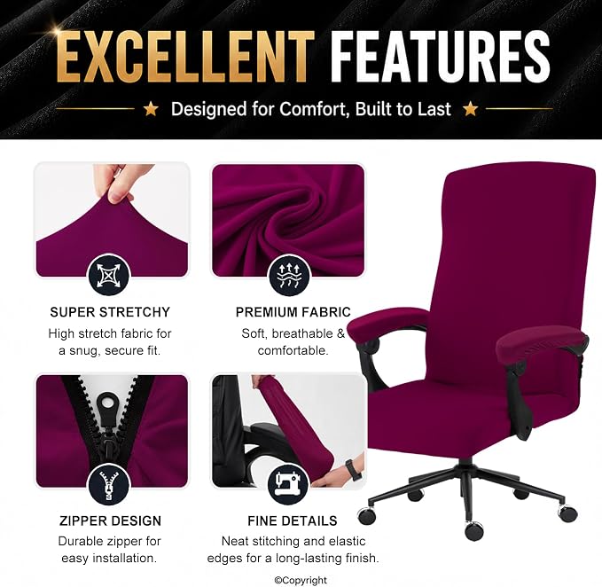 DIVA EN CAMINO DEC Stretch Computer Office Chair Cover with Armrest Covers Durable Zipper Universal Spandex Rotating Boss Chair Slipcovers Anti-dust Soft Desk Chair Seat Protector, Wine Red