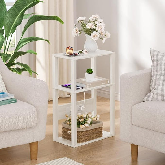 YUFAM 3 Tier Small Narrow Bamboo Side Table Set of 2 with Charging Station - Skinny Nightstand for Small Spaces, Slim Bedside Table with USB Ports and Outlets - Thin End Table with Storage, Grey White