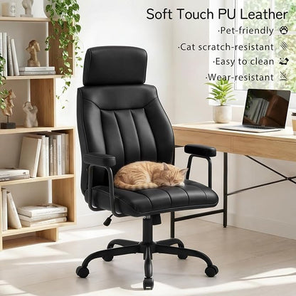 Furniliving Leather Office Chair with Adjustable Headrest, Mid-Century Modern High-Back Office Desk Chair, Ergonomic Computer Chair with Wheels, Armrests, Lumbar Support, Black