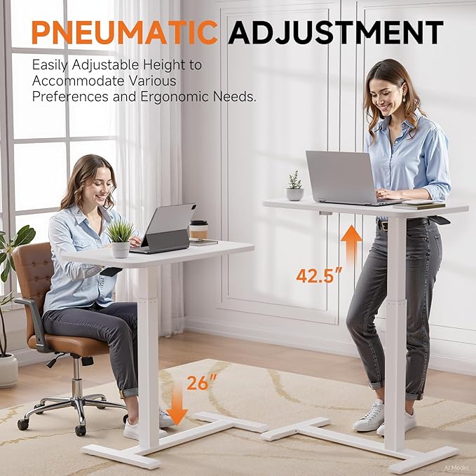 GTPLAYER Small Standing Desk with Hidden Wheels, Pneumatic Mobile Rolling Laptop Desk, Adjustable Height Overbed Bedside Table Computer Workstation for Home Office (32" W x 16" D, White)