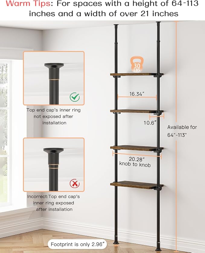 ALLZONE Adjustable Tall Narrow Bookshelf, 4-Tier Floor-to-Ceiling Tension Mount Ladder Book Shelf with Storage for Versatile Uses, Fits 64-113 Inch Ceilings, 20.28-Inch Wide Wood Shelves, Rustic Brown