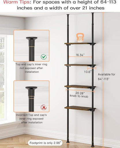 ALLZONE Adjustable Tall Narrow Bookshelf, 4-Tier Floor-to-Ceiling Tension Mount Ladder Book Shelf with Storage for Versatile Uses, Fits 64-113 Inch Ceilings, 20.28-Inch Wide Wood Shelves, Rustic Brown
