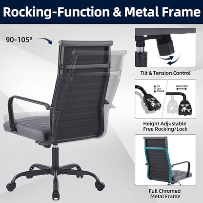Office Chair, Ergonomic Executive Conference Room Chairs, Ribbed Leather Desk Chair with Lumbar Support, Adjustable Height Mid-Back Swivel Chair with Padded Seat