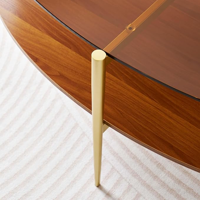 LumFurn Oval Glass Coffee Table, Mid-Century Modern Design, L43 x W22 x H17 inch, 2-Tier Structure, Olive Shaped Amber Glass Top and Walnut Finish Wood Shelf, Tapered Legs with Gold Finish Frame