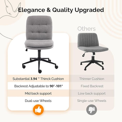VINGLI Mid Back Armless Office Desk Chair with Wheels/no Wheels,360°Rocking Swivel Vanity Chair with Thickened Cushion,Adjustable Height Rolling for Reading Room, Make up, Linen Dark Grey