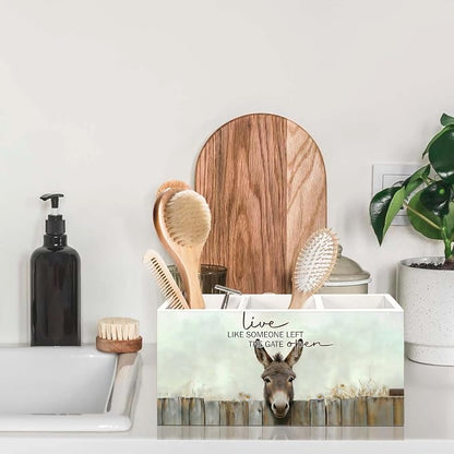 Donkey Gifts Pen Holder for Desk, Rustic Donkey Decor Pencil Organizer, Live Like Someone Left The Gate Open Farm Animal Wooden Pen Holder Desk Accessories Decor for Home Office