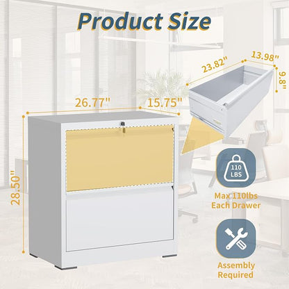 2 Drawer File Cabinet with Lock, Lateral Filing Cabinets,Metal Storage Filing Cabinets for Home Office, Heavy Duty File Cabinet for Letter/Legal/A4/F4 Size, Amsseble Required, White