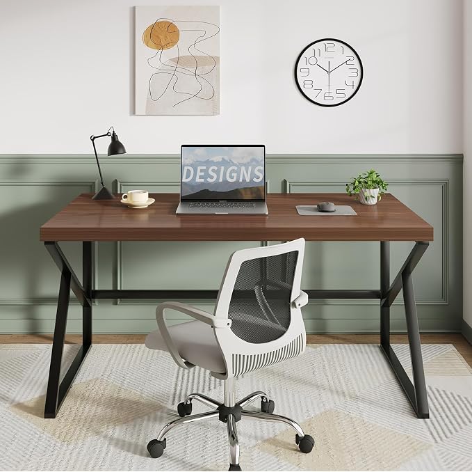 HSH Walnut Computer Desk, Industrial Modern Metal Wood Desk Workstation, Rustic Executive PC Laptop Work Desk Table for Home Office, Simple 55 Inch Writing Study Gaming Desk in Bedroom Living Room