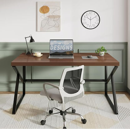 HSH Walnut Computer Desk, Industrial Modern Metal Wood Desk Workstation, Rustic Executive PC Laptop Work Desk Table for Home Office, Simple 55 Inch Writing Study Gaming Desk in Bedroom Living Room