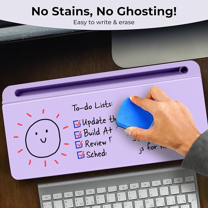 Chalkola Lavender Glass Desktop Whiteboard with Storage - Dry Erase Board, Work Desk Organizers, Computer Keyboard Stand, Home Office Desk Accessories, Workspace Desktop Buddy + 3 Markers