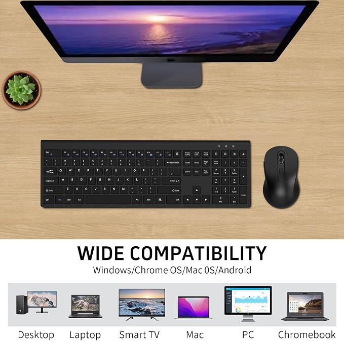 Full-Size Computer Keyboard with Calculator Button, 2400 Dpi Ergonomic Mouse, Ultra-Thin Cordless USB Keyboard and Mouse Set for Laptop Windows Mac - Black