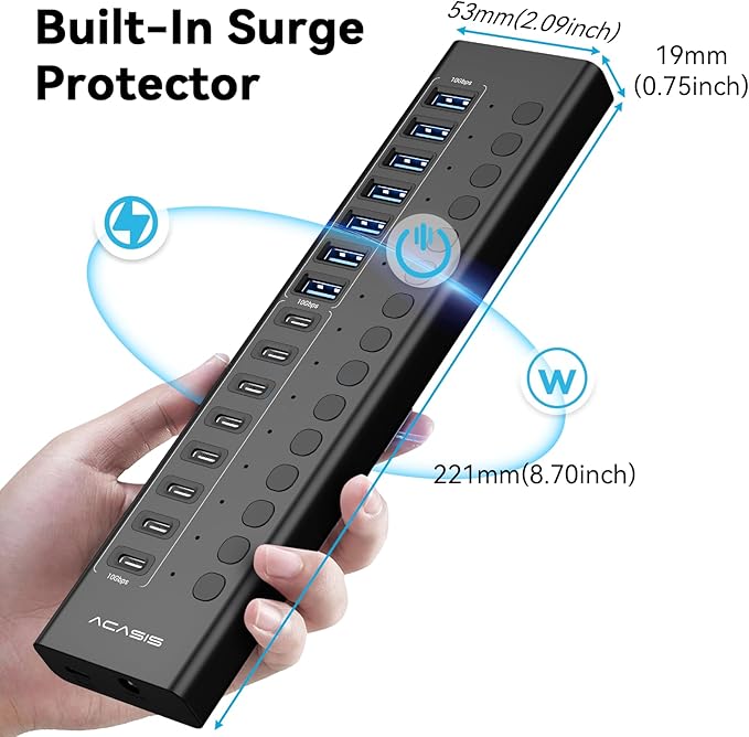Powered USB 3.2 Hub, ACASIS 16 Ports USB 3.2 Hub(8 USB-A 3.2 Ports+8 USB-C 3.2 Ports), Aluminum USB Hub Powered with 96W Power Adapter, USB Hub for PC/Laptop, Computer, Flash Drive, Printer, Camera