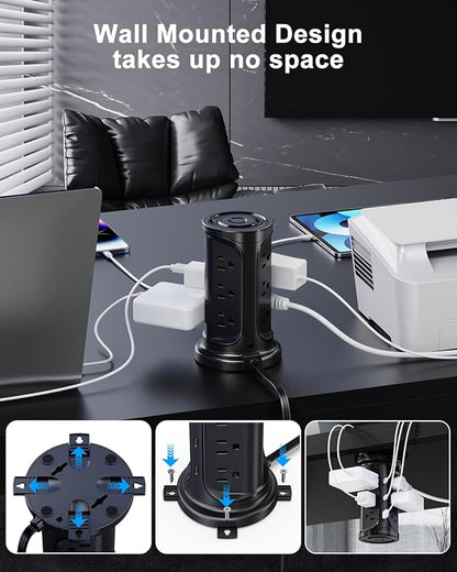 Tower Surge Protector Power Strip Flat Plug with 12 AC Outlets 3 USB Ports(2 Type C), 6.5 FT Ultra Flat Extension Cord with Multiple Outlets, Outlet Extender with Screw Wall Mount for Home Office Dorm